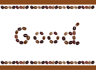 コーヒーのイラスト。かわいいコーヒー豆のイラストとアルファベットのメッセージ入り。アイコンイラスト。