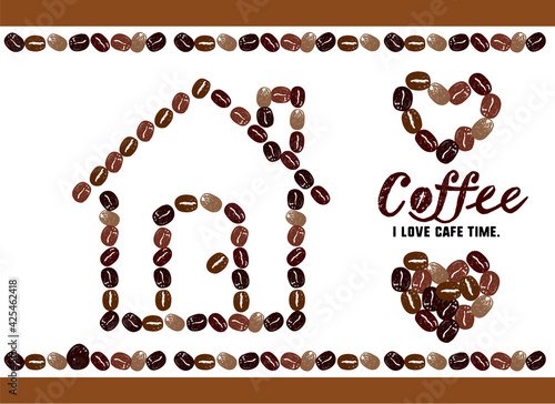 コーヒーのイラスト かわいいコーヒー豆の家のイラストとメッセージ入り フレームイラスト Bean Wall Mural Be Pomme