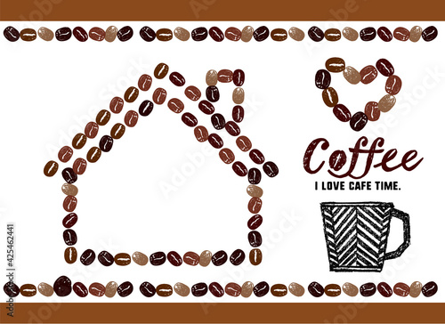 コーヒーのイラスト かわいいコーヒー豆の家のイラストとメッセージ入り フレームイラスト Wall Mural Aonori