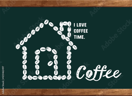 コーヒーのイラスト 黒板にかわいいコーヒー豆の家のイラストとメッセージ入り フレームイラスト Sticker Pomme