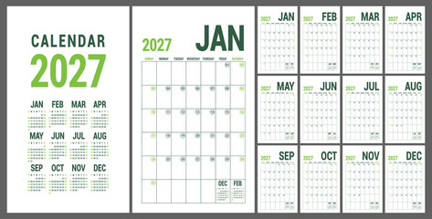 Calendar planner 2027. English calender green template. Vector grid. Office business planning. Creative trendy design