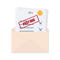 Past due, unpaid or overdue bill. An expense document with a delay payment in an envelope. Debt or past purchase notice.Financial data and red stamp. Vector