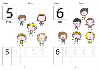 kindergarten Pre school number 1 to 10 writing activity cartoon children kids