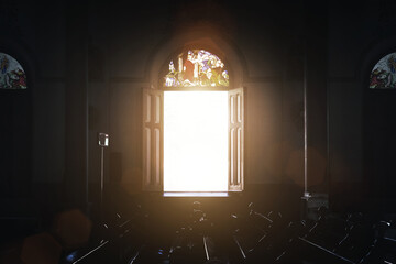light from outside church when open window of Christian place to religion