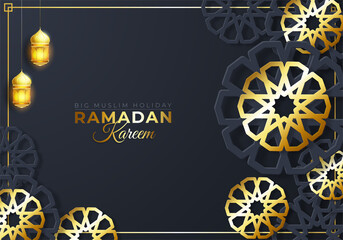 Ramadan Mubarak holiday design. 3d paper cut flower decorated traditional islamic pattern with shiny hanging lanterns, golden greeting text, black background. Vector illustration.