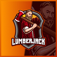 Lumberjack mascot esport logo design illustrations vector template, Angry Lumberjack with Axe logo for team game streamer youtuber banner twitch discord