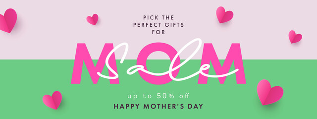 Happy Mothers Day Sale banner with pink Origami Hearts on trendy mint green background. Modern minimal design for Sales, cover, horizontal poster, flyer, label, card, header for website