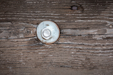 Bolt in Wooden Construction. Old Painted Wood