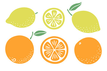 Set of citrus fruit illustrations. Lemon and orange as slices and whole fruits with stem and leaf.