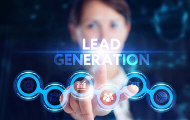 Business, Technology, Internet and network concept. Young businessman working on a virtual screen of the future and sees the inscription: Lead generation