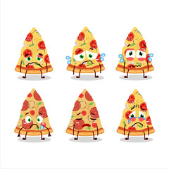 Slice of tomato cheese pizza cartoon character with sad expression