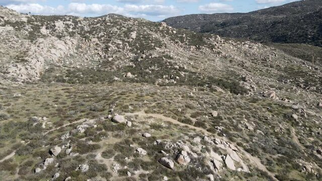 Aerial view of small trail in Simpson park wilderness valley in Santa Rosa Hills. Hemet, California. USA