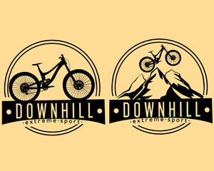 downhill bike design with a mountain silhouette and the words "downhill extreme sport", for logos, icons or bicycle sports content emblems