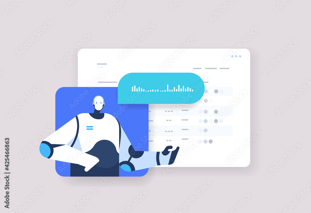 Poster chatbot assistant conversation robotic character chatting by voice messages audio chat app   artific