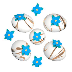 Happy Easter set. Colored realistic eggs. Isolate on a white background. Gold pattern, blue spring flowers. 3D illustration
