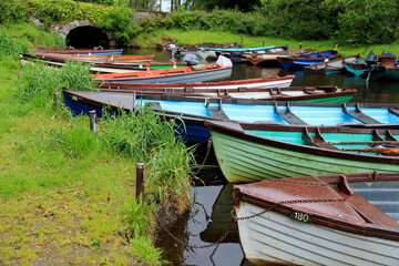Fototapeta na wymiar Row of Colorful Rowing Boats in Water, Ireland