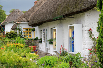 Fototapeta na wymiar White Cottages with Thatched Roofs and Flower Gardens in Adare, Ireland 