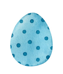 Decorated blue Easter egg with polka dots. Watercolor hand-drawn illustration isolated on white background. Perfect for your project, cards, prints, covers, decorations.