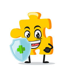 vector illustration of puzzle mascot or character holding shield for protection