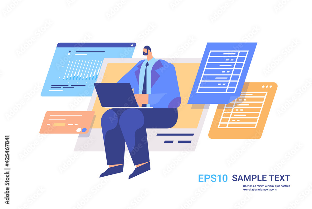 Poster businessman analyzing data on laptop business analyst making analytics report working process concep