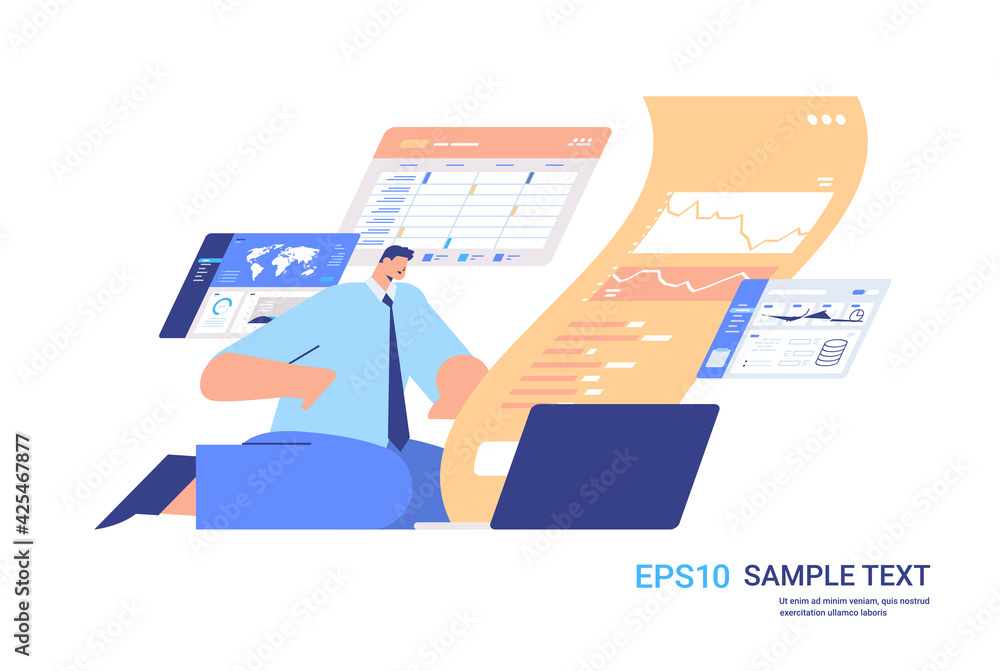 Poster businessman monitoring financial data business man analyzing charts and graphs stock exchange concep