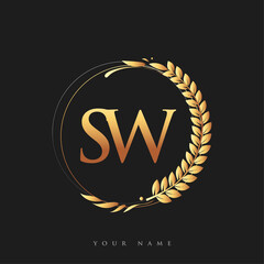 Initial logo letter SW with golden color with laurel and wreath, vector logo for business and company identity.