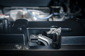 details of car engine, bonnet and hood lock system, internal combustion engine, shallow depth of field