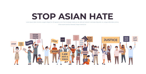 stop asian hate mix race people in masks holding banners against racism support people during covid-19 pandemic