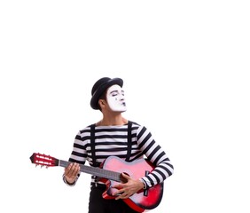 Mime playing guitar isolated on white