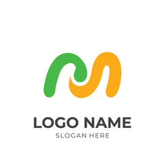 letter M logo design with flat green and yellow color style