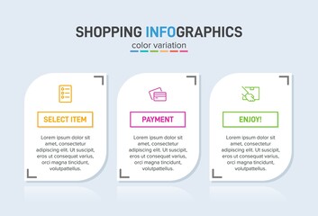 Concept of shopping process with 3 successive steps. Three colorful graphic elements. Timeline design for brochure, presentation, web site. Infographic design layout.