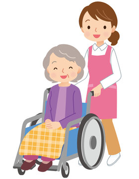 車椅子に乗る高齢者　介護　ヘルパー