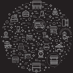 Simple Set of vendor and store Related Vector Line Illustration. Contains such Icons as shop, sign board, shopping, street food, vendor booth, food cart, market and Other Elements.
