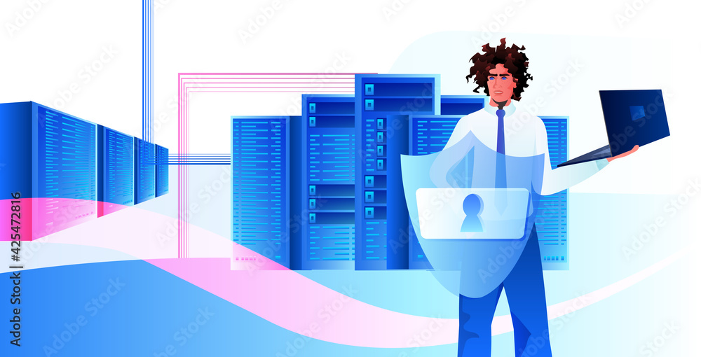 Poster african american man engineer using laptop database server protection big data privacy security conc