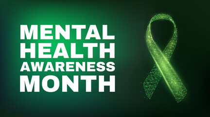 Mental health awareness month concept. Banner template with glowing low poly green ribbon Vector illustration.