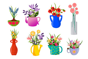 Decorative bouquets of flowers in different containers - a jug, a bowl, a teapot and a mug, a watering can and a bottle. Vector drawing on a white background. Modern illustration design for use in