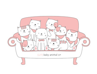 Cartoon sketch the cute cat baby animal on a pink chair. Hand-drawn style.