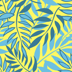 Seamless vector background with different fern leaves on yellow background. Vector illustration