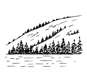 Fototapeta na wymiar Simple hand-drawn northern landscape, hills with conifers, mountain lake, river. Vector drawing with black outline. Ink sketch. Wildlife. Tourism and travel. For prints, postcards, posters.