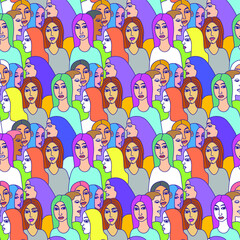 pop art seamless pattern with standing persons. Cartoon vector background with various people for wallpaper, textile, print, cover, wall art