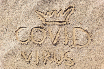 The inscription on the sand is the covid-19 virus