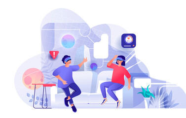 Couple uses virtual reality glasses scene. Man and woman playing interactive computer game with VR tech. Entertainment, gaming industry concept. Vector illustration of people characters in flat design