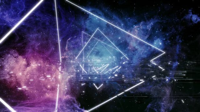 Neon Light Abstract with Nebula Background loop. 3D rendering. Futuristic VJ motion graphics, EDM club concert and high tech background. Projection mapping concept. 
