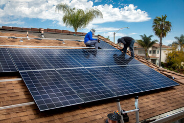 Workers installing solar panels on a tile roofon a sunny day