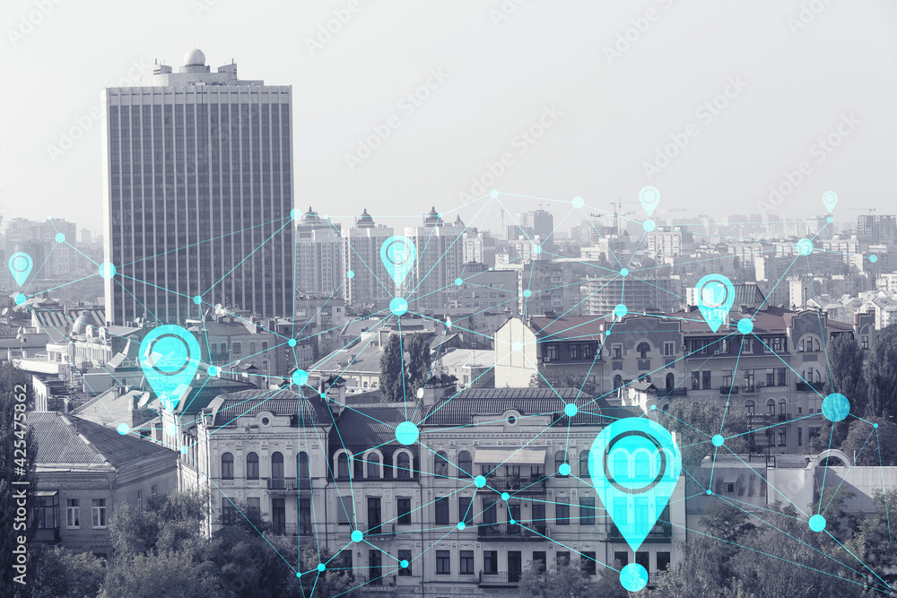 Poster view of modern city with location pointers