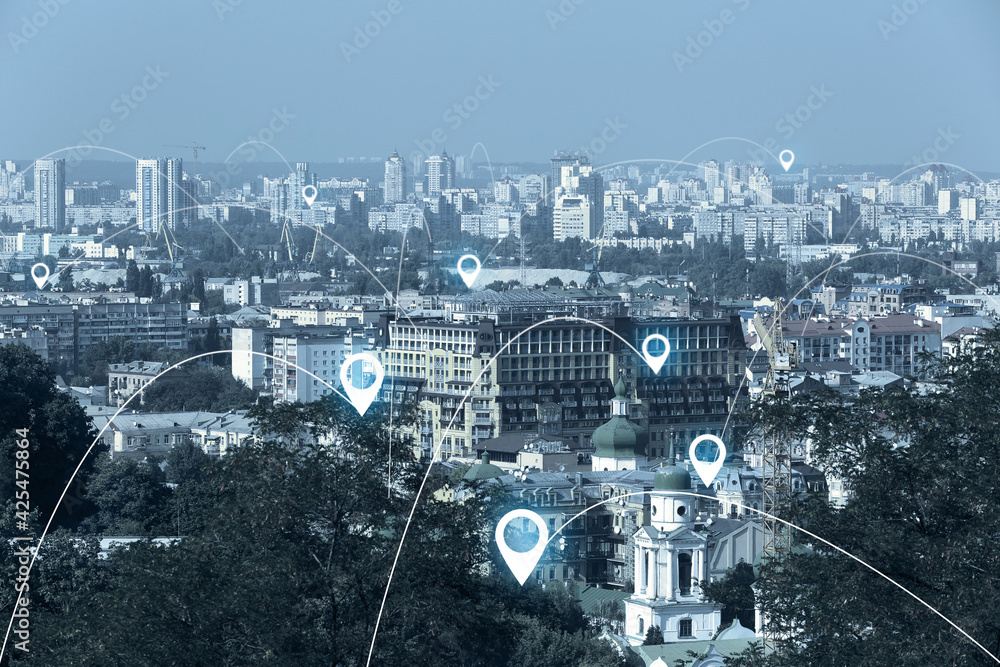 Poster view of modern city with location pointers