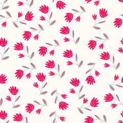 Seamless floral pattern based on traditional folk art ornaments. Colorful flowers on light background. Scandinavian style. Sweden nordic style. Vector illustration. Simple minimalistic pattern