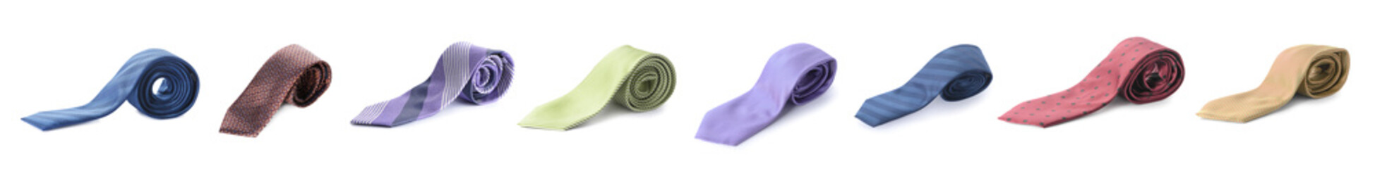 Set of stylish neckties on white background