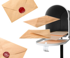 Mail box with flying letters on white background