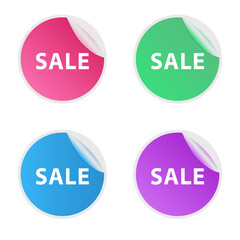 Sale. Set of four stickers. Red pink, blue, green and purple colors. Vector illustration.